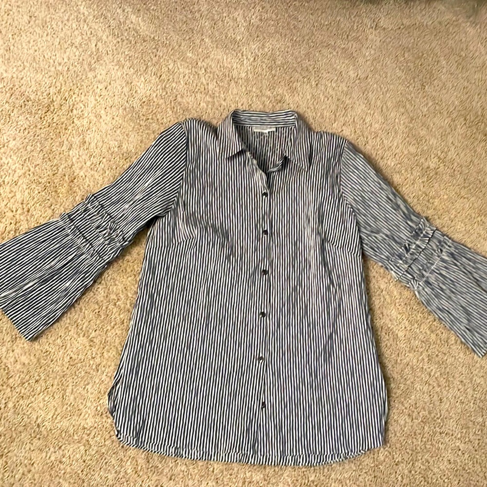 Waverly Grey Womens Oxford Striped Shirt with Flare Sleeve Detail Size M